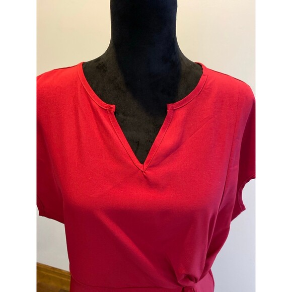 XL Red Blouse Cap Sleeves Faux Wrap Top Asymmetrical Hem V Neck Elastic Waist - Picture 6 of 10